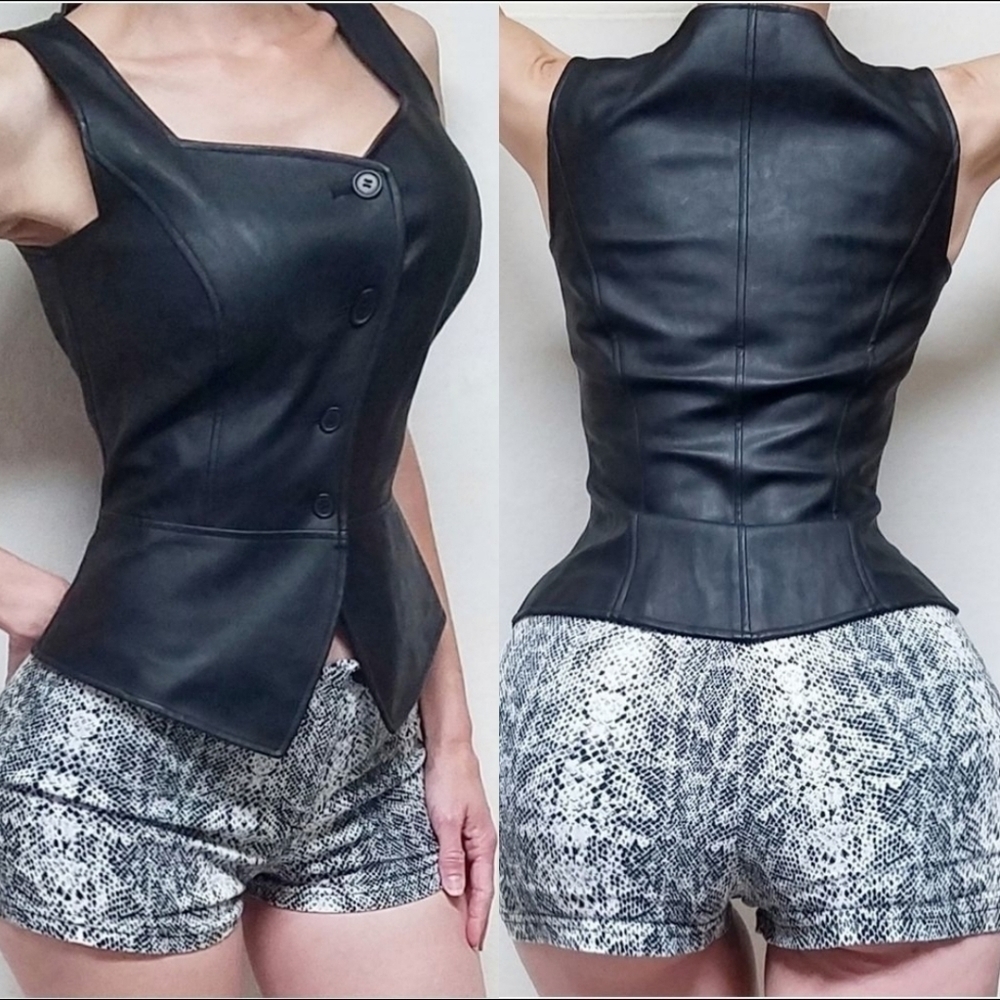 𝅺VINTAGE Black Snakeskin Hot Pants Vegan Leather Vest Set Booty Shorts Outfit